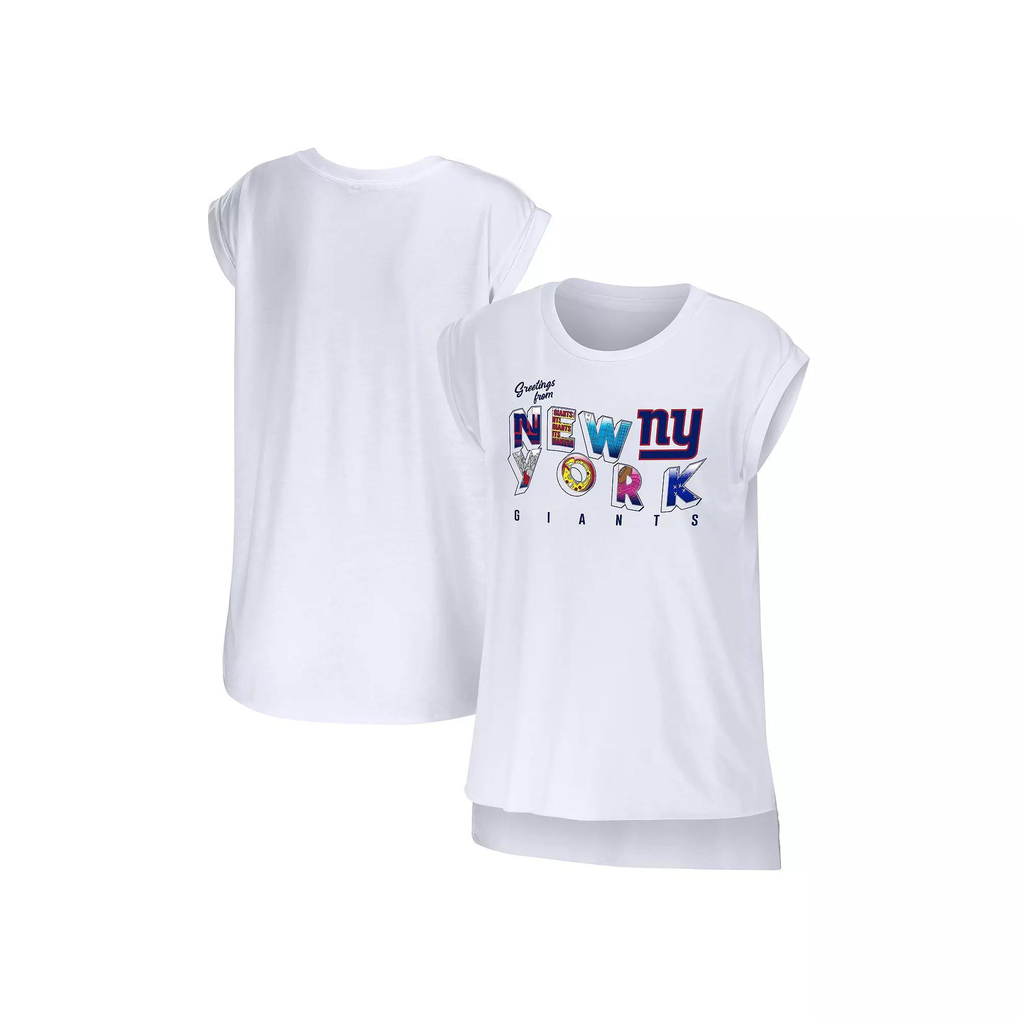 Women's WEAR by Erin Andrews White New York Giants Greetings From Muscle T-Shirt,  Product Image