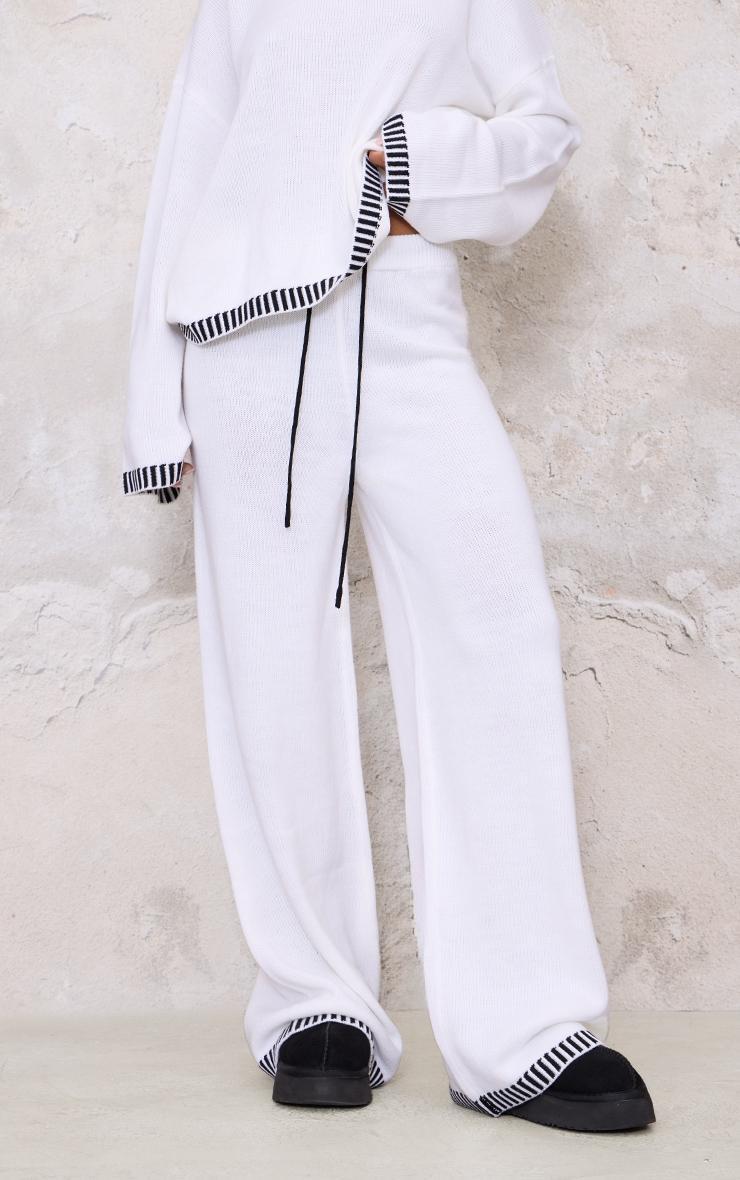 Cream Contrast Stitch Detail Knit Drawstring Waist Pants Product Image