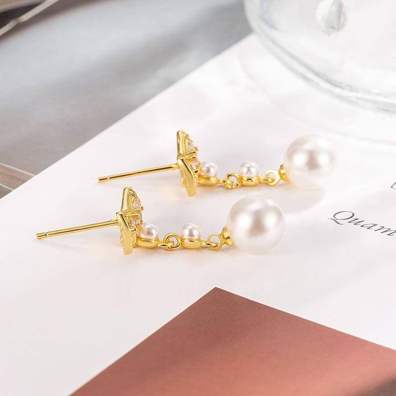 Bow Rhinestone Faux Pearl Alloy Dangle Earring Product Image