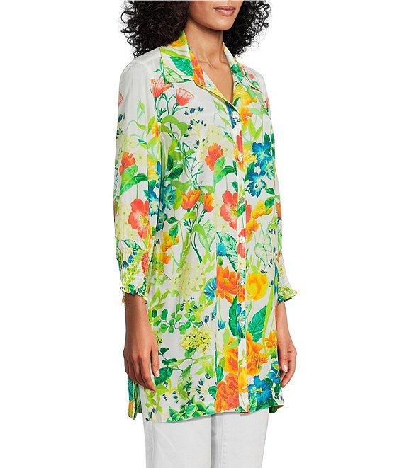 John Mark Floral Point Collar 3/4 Sleeve Button Front Tunic Product Image