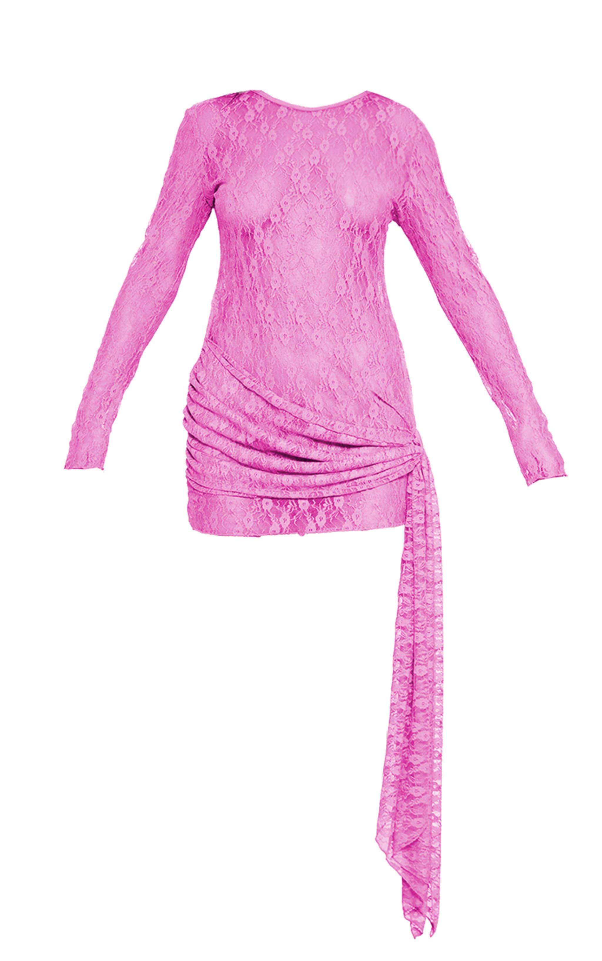 Fuschia Lace Boat Neck Long Sleeve Wrap Bodycon Dress Product Image