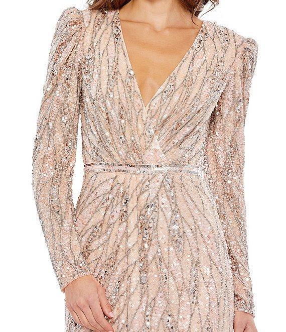 Mac Duggal Long Puffed Sleeve Surplice V-Neck Sequin Embellished Sheath Midi Dress Product Image