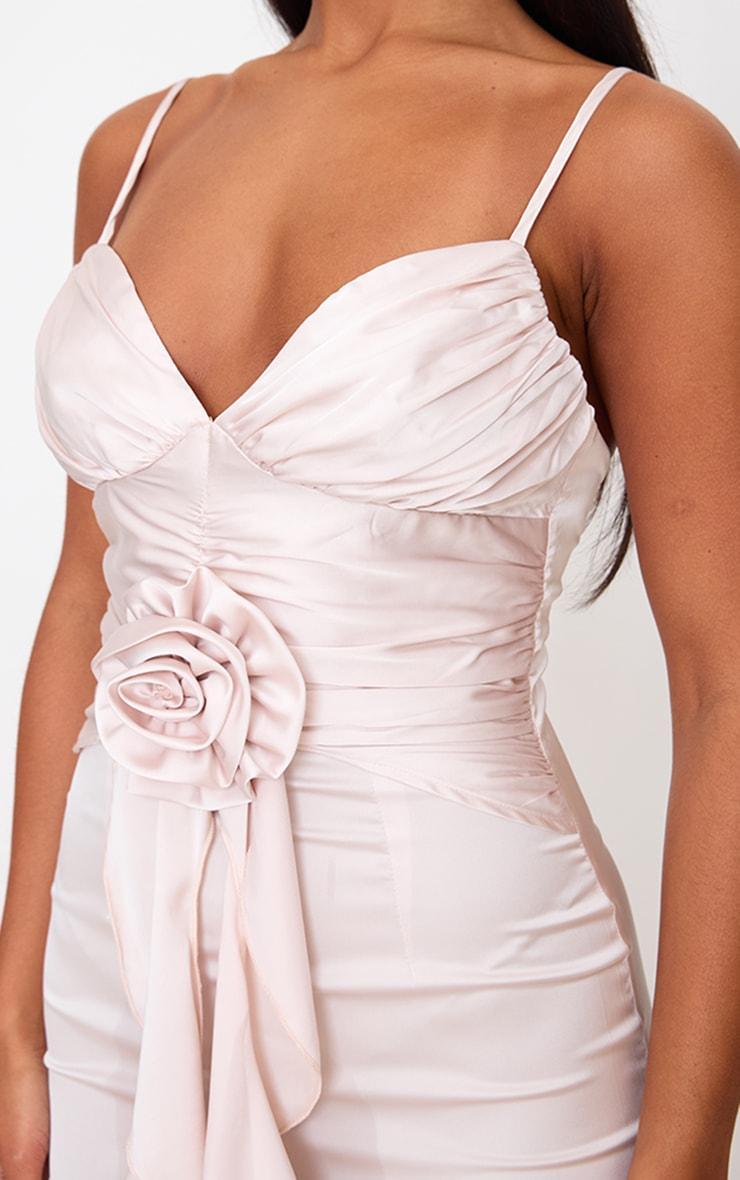 Champagne Satin Corsage Detail Strappy Maxi Dress Product Image