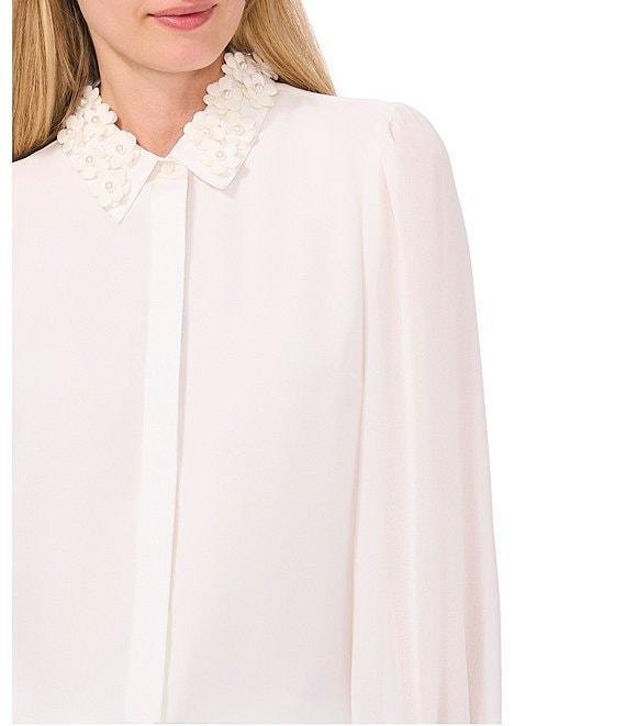 CeCe Georgette Floral 3D Applique Pointed Collar Long Sleeve Hidden Button Front Blouse Product Image