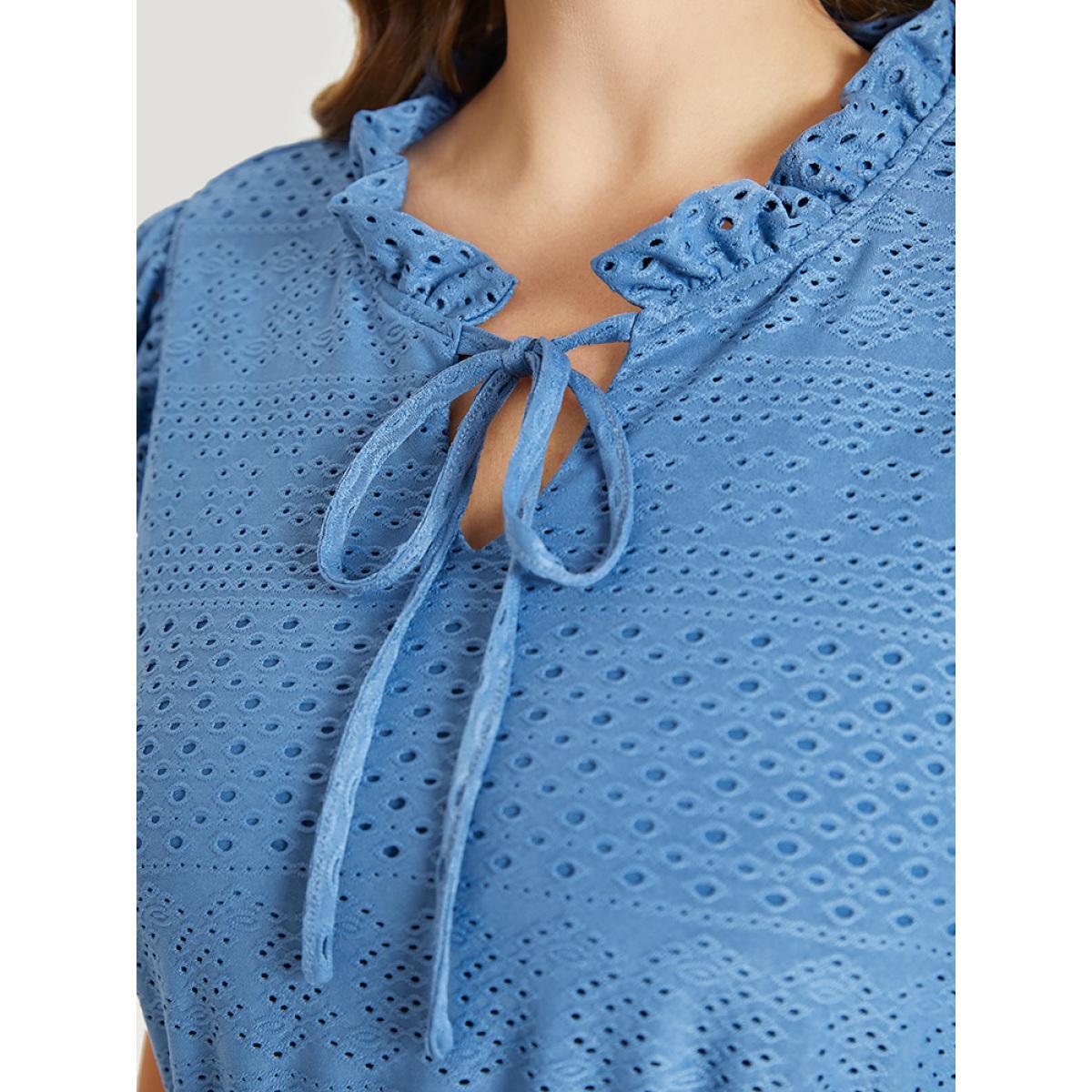 Plus Size Plain Pocket Ruffle Tie Neck Cap Sleeve Broderie Anglaise Dress Blue Women Elegant Lined Tie Neck Cap Sleeve Curvy Midi Dress BloomChic 18-20/2X Product Image