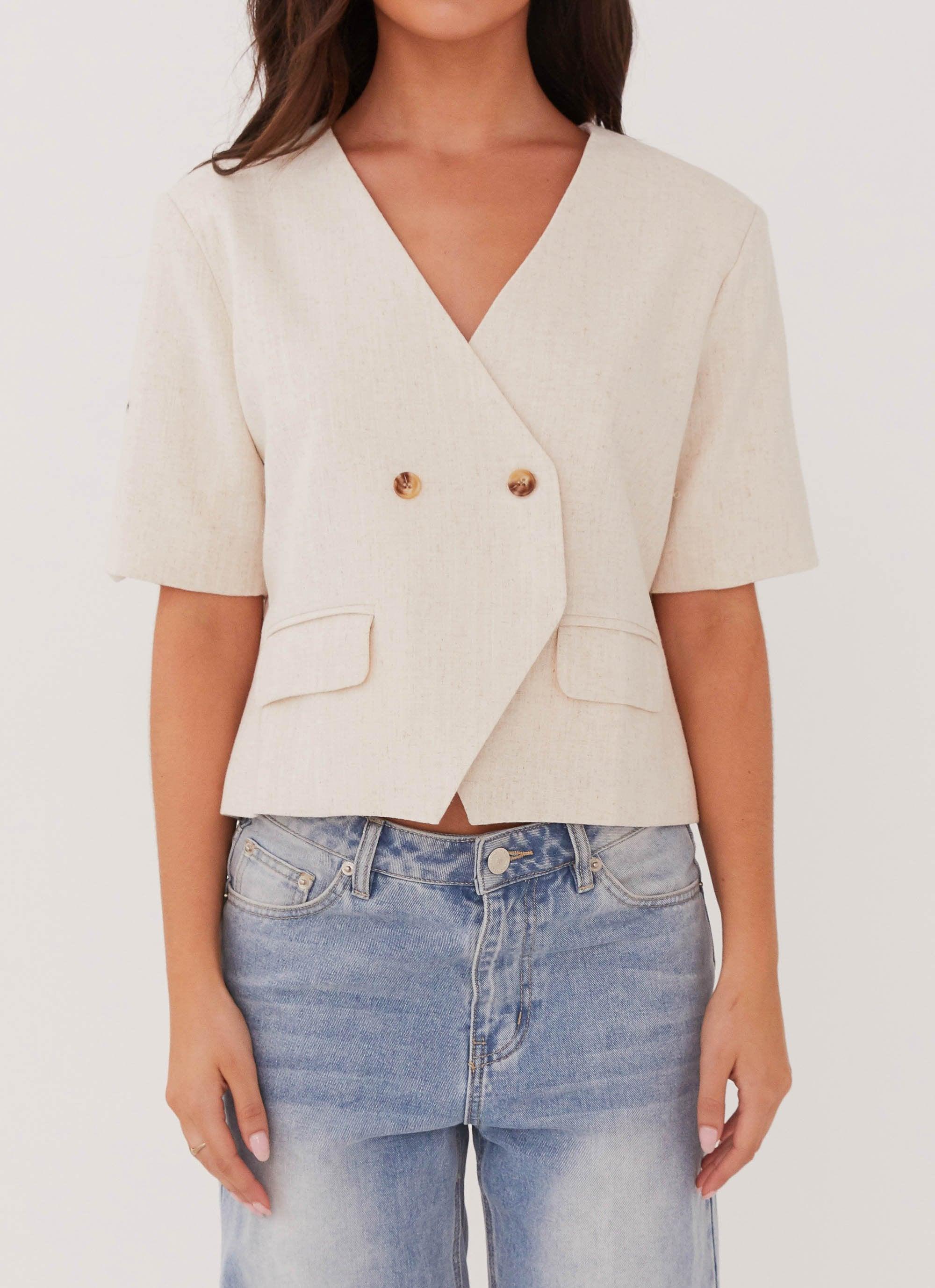 Hacienda Linen Short Sleeve Blazer - Oatmeal Product Image