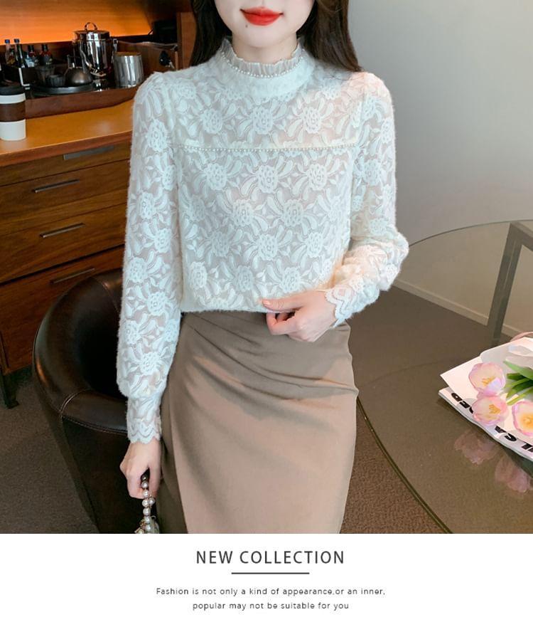 Long-Sleeve Mock Neck Floral Faux Pearl Blouse Product Image