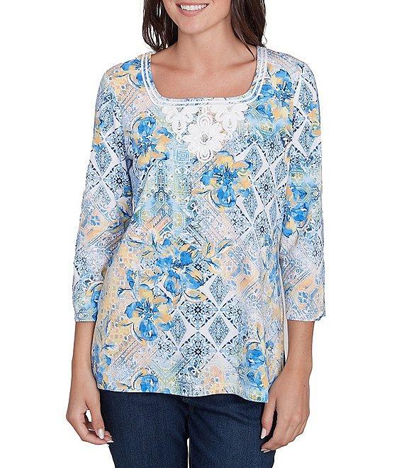 Ruby Rd. Stretch Knit Watercolor Mixed Print Square Neck 3/4 Sleeve Top Product Image