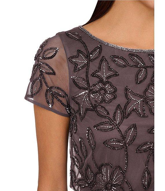 Adrianna Papell Beaded Mesh Boat Neck Short Sleeve Blouson Dress Product Image