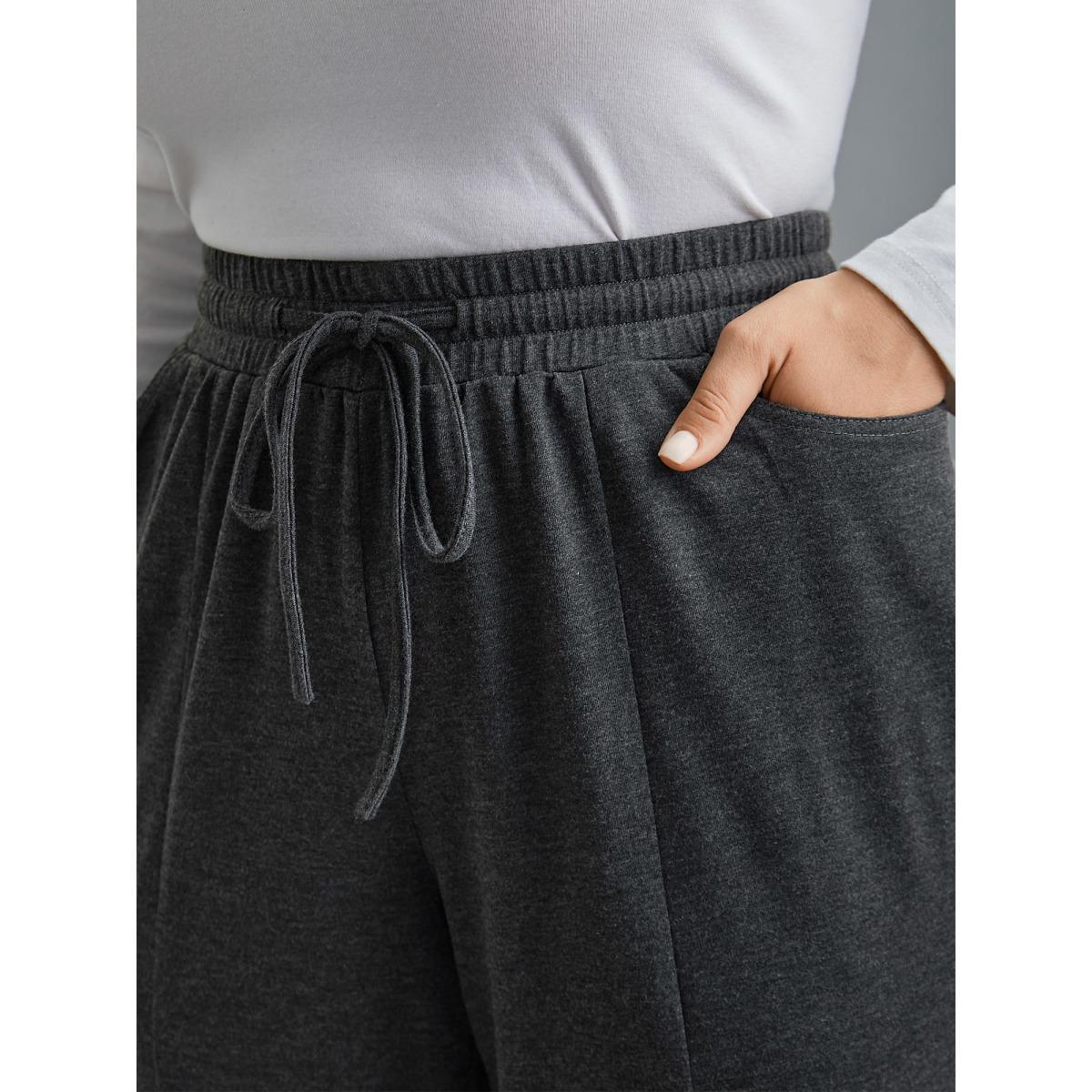 Plus Size Plain Drawstring Elastic Waist Bootcut Pants Women DimGray Casual Bootcut Mid Rise Everyday Pants BloomChic 12/L Product Image