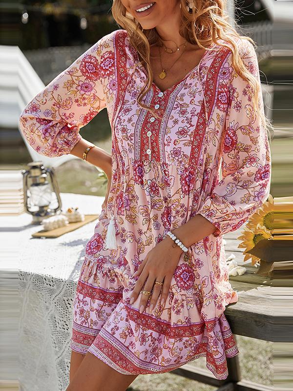 A-Line Loose Buttoned Contrast Color Flower Print Pleated V-Neck Mini Dresses Product Image