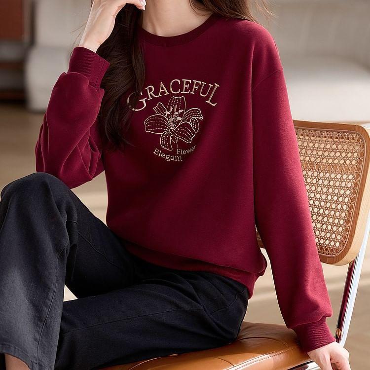 Round Neck Lily Lettering Embroidered Fleece-Lined Pullover Product Image