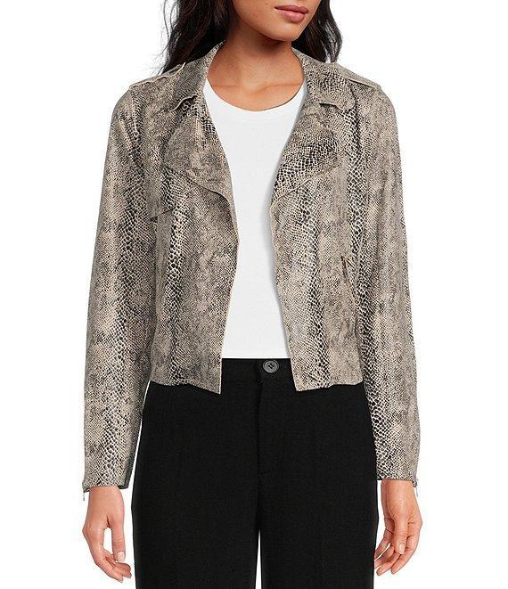 Skies Are Blue Soft Faux Suede Snake Print Notch Lapel Long Sleeve Open Front Moto Statement Jacket Product Image