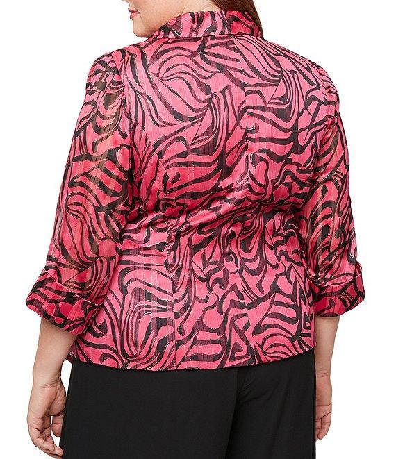 Alex Evenings Plus Size 3/4 Sleeve Collared Neck Tie Waist Printed Blouse Product Image