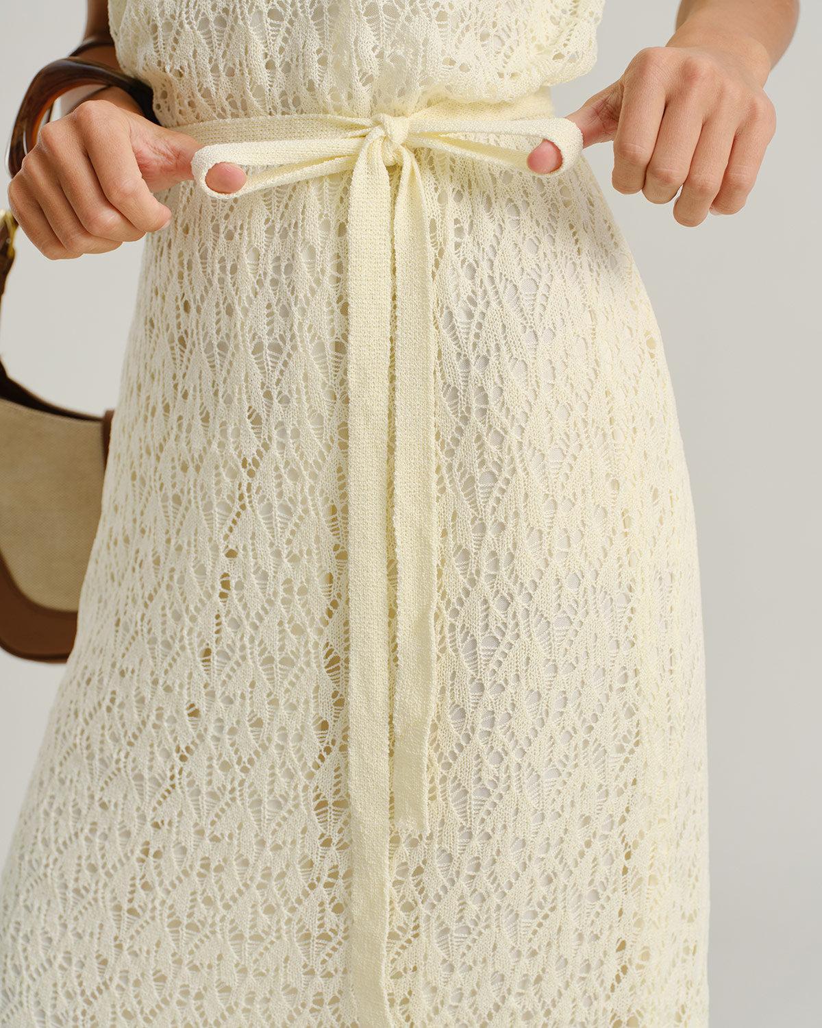 Yellow See Through Round Neck Midi Dress Product Image