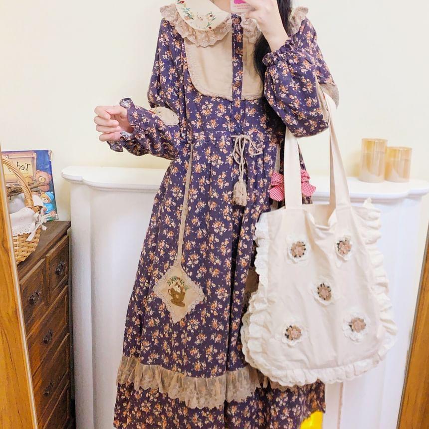 Long-Sleeve Collar Floral Embroidered Patchwork Lace Trim Midi A-Line Dress Product Image