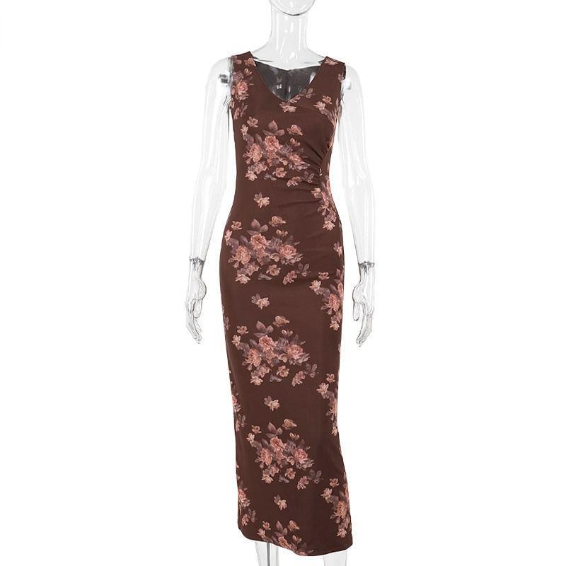 Sleeveless V-Neck Floral Print Maxi A-Line Dress Product Image