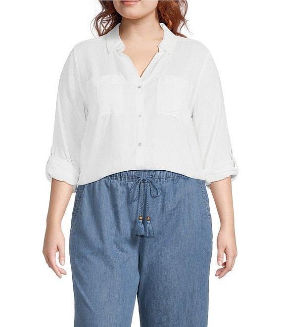 Westbound Plus Size 3/4 Roll-Tab Sleeve Point Collar Y-Neck Button Front Shirt Product Image