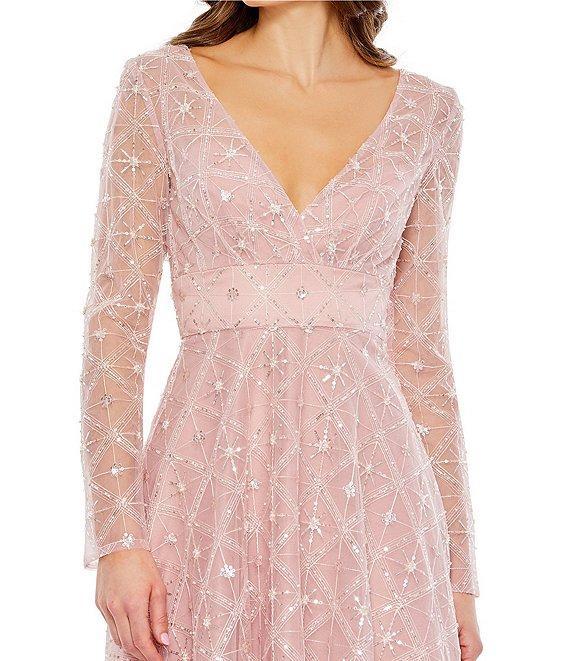 Mac Duggal V-Neck Long Illusion Sleeve Beaded Midi Dress Product Image