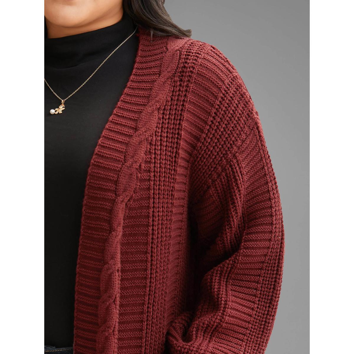 Plus Size Cable Knit Ribbed Detailing Open Front Cardigan Deepred Women Casual Loose Long Sleeve Everyday Cardigans BloomChic 30/6X Product Image