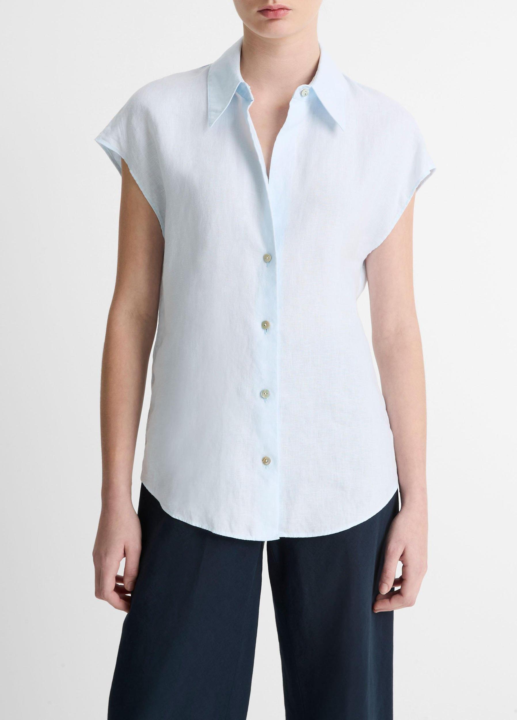 Linen Cap-Sleeve Button-Front Blouse Product Image