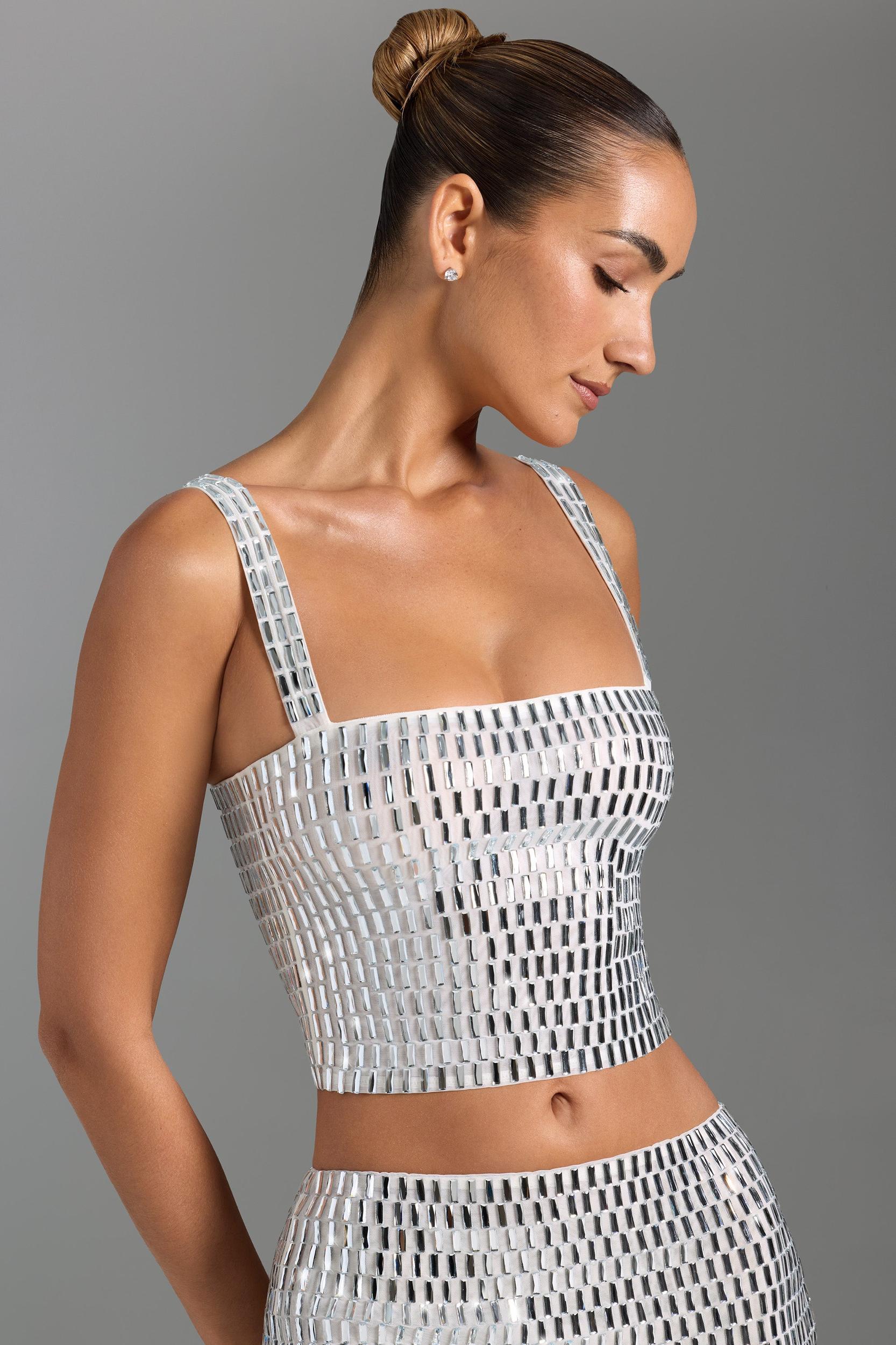 Embellished Square-Neck Top in White Product Image