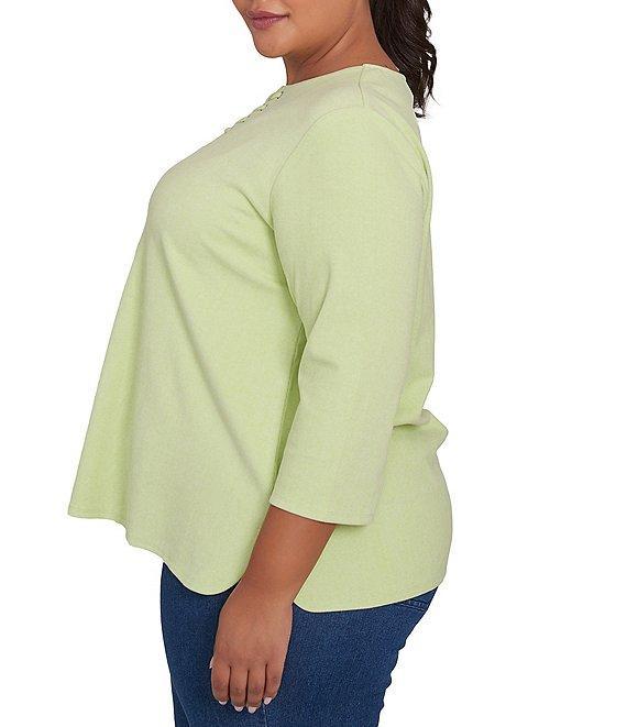Ruby Rd. Plus Size Knit 3/4 Sleeve Split V-Neck Lacing Rib Top Product Image