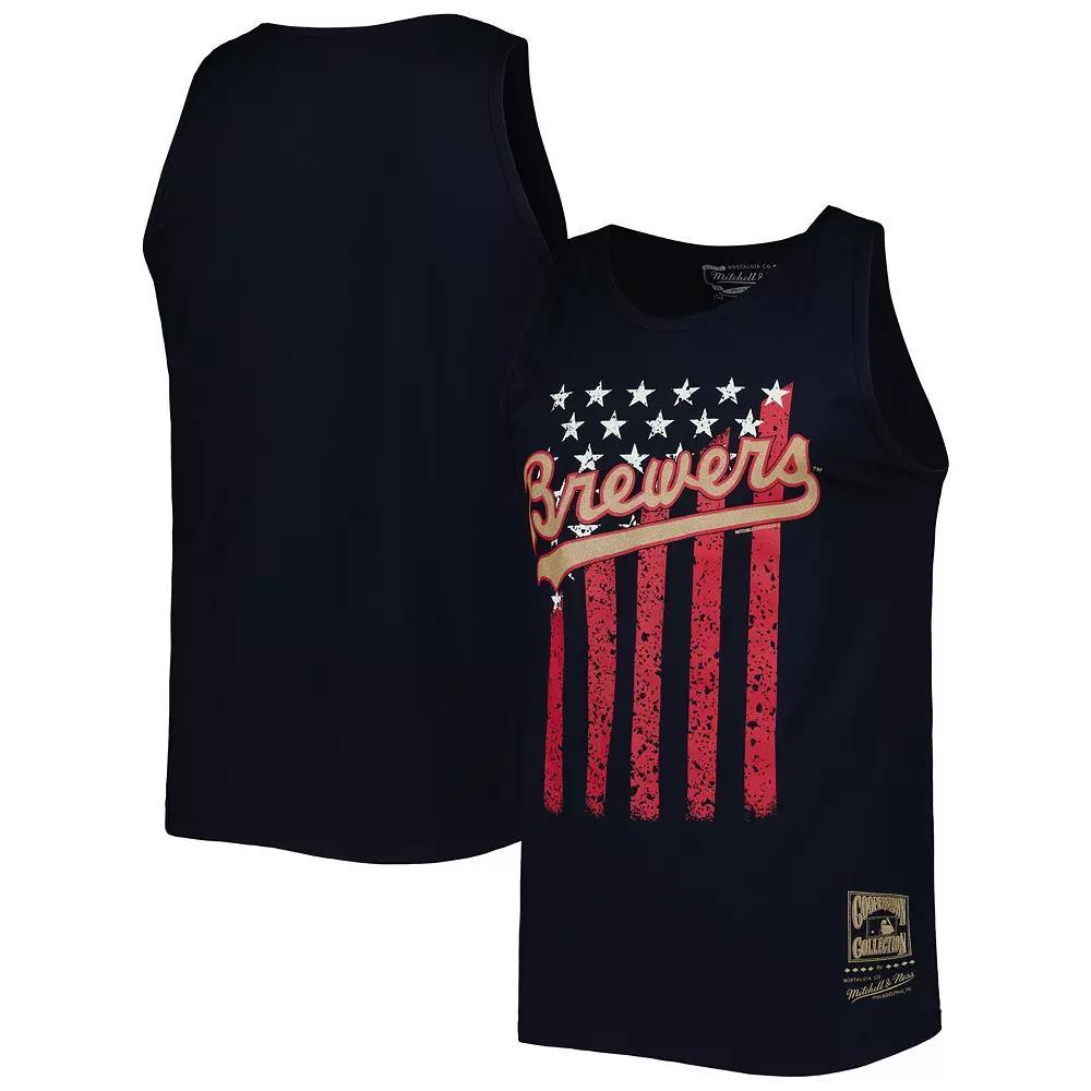 Men's Mitchell & Ness Navy Milwaukee Brewers Cooperstown Collection Stars and Stripes Tank Top,  Product Image