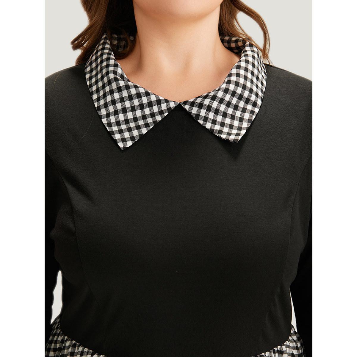 Plus Size Gingham Patchwork Pocket Shirt Collar Dress Black Women Office Patchwork Shirt collar Long Sleeve Curvy Midi Dress BloomChic 14-16/1X Product Image
