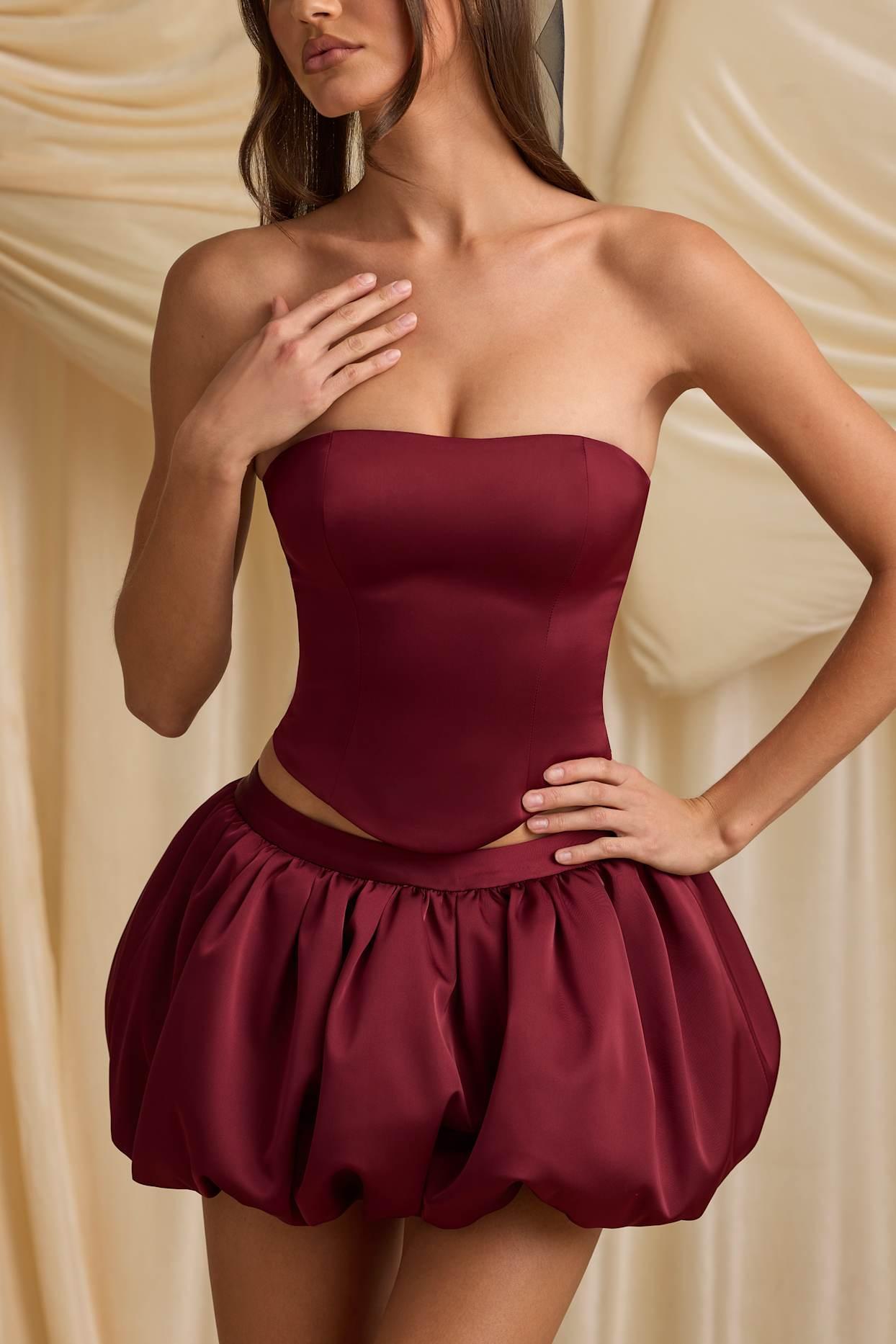 Bubble Hem Mid-Rise Mini Skirt in Wine Red Product Image