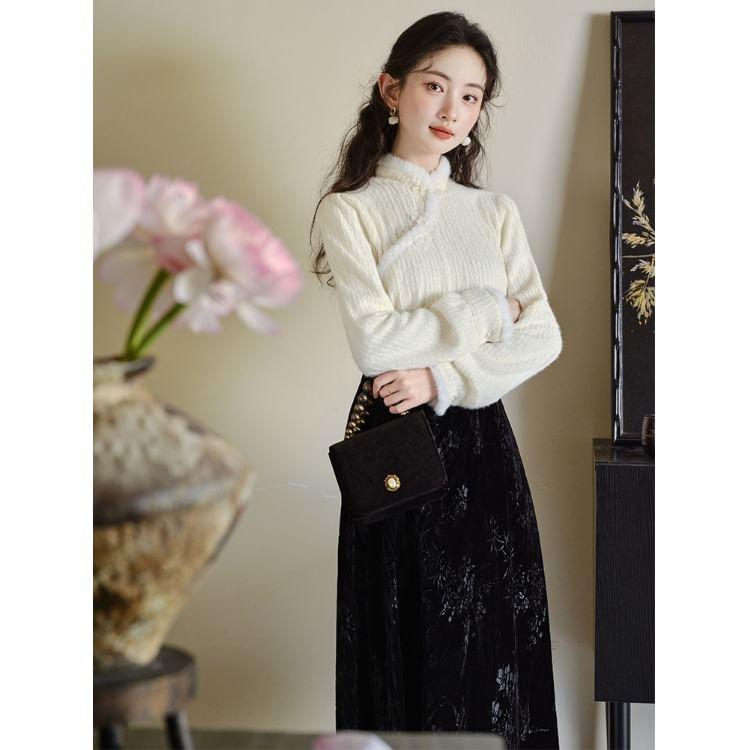 Set: Long-Sleeve Stand Collar Fluffy Trim Frog Buttoned Lace Blouse + High Rise Jacquard Velvet Midi A-Line Skirt Product Image