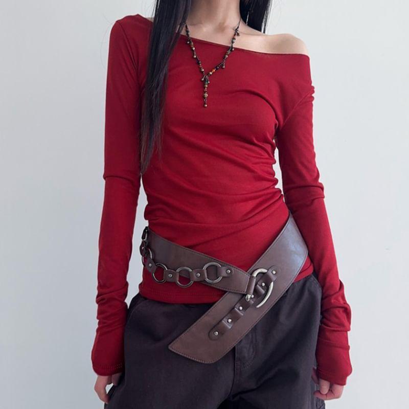 Long-Sleeve Off Shoulder Plain Top / Waist Belt Product Image