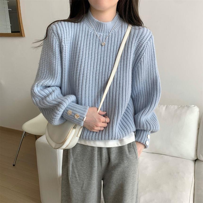 Mock Neck Plain Button Accent Chunky Knit Sweater Product Image