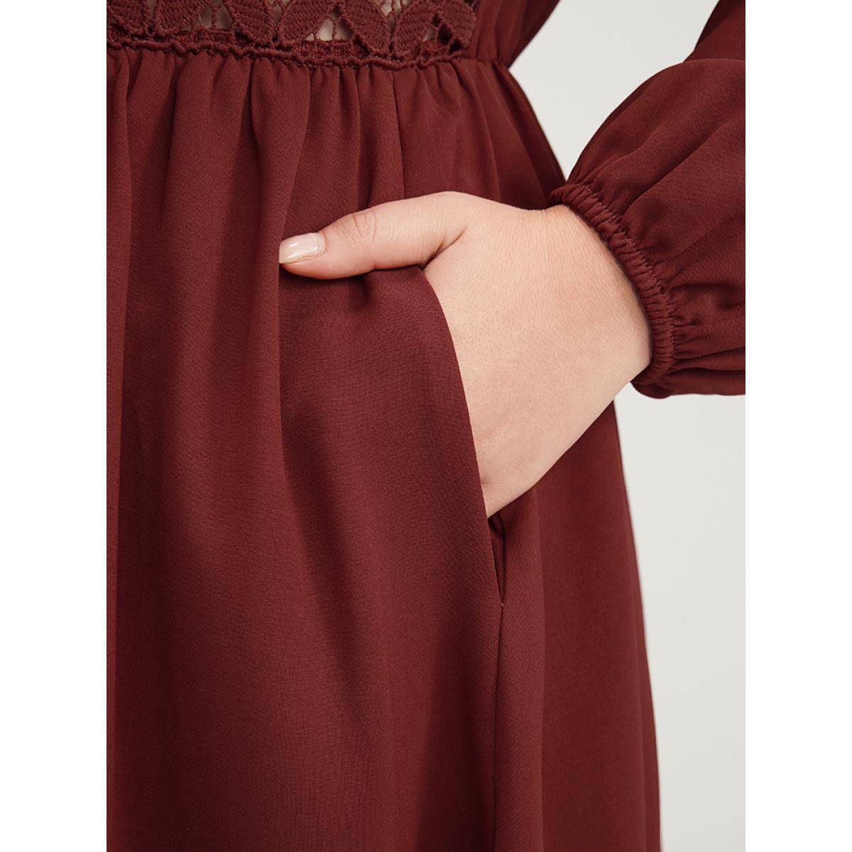 Plus Size Solid Pocket Lace Insert Lantern Sleeve Flutter Dress Scarlet Women Elegant V-neck Long Sleeve Curvy Midi Dress BloomChic 10/M Product Image