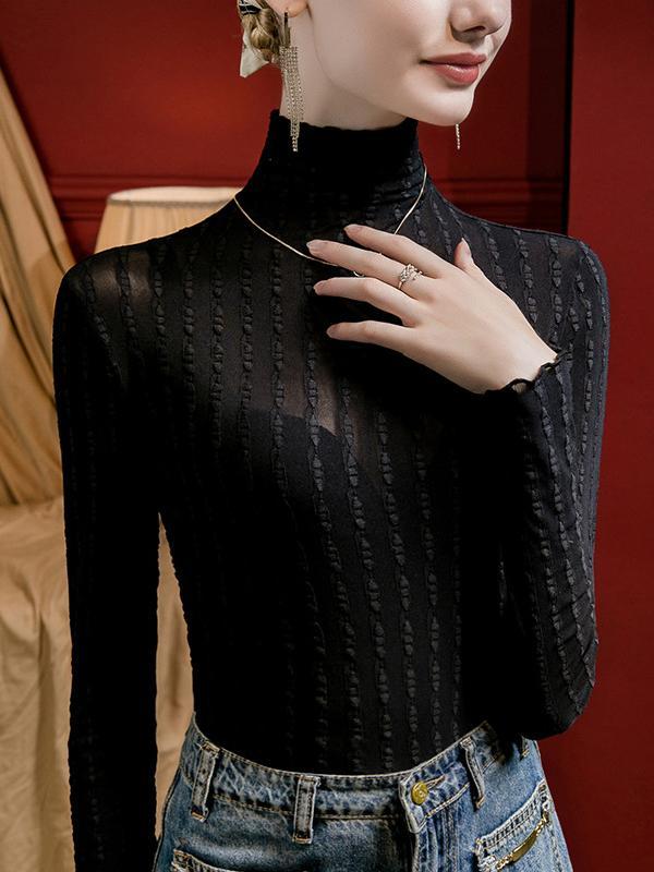 Long Sleeves Plus Size Jacquard See-Through Solid Color Split-Joint High Neck T-Shirts Tops Product Image