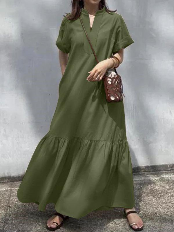 A-Line Loose Solid Color Split-Joint V-Neck Maxi Dresses Product Image