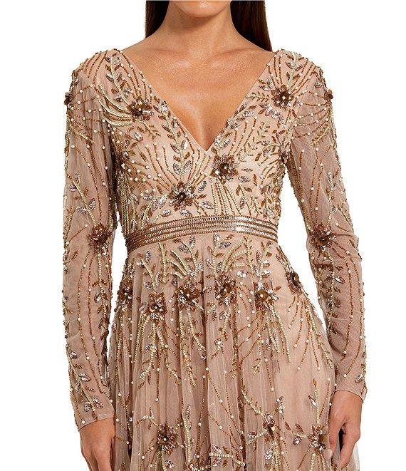 Mac Duggal V Neck Long Sleeve Beaded Mesh A-Line Gown Product Image