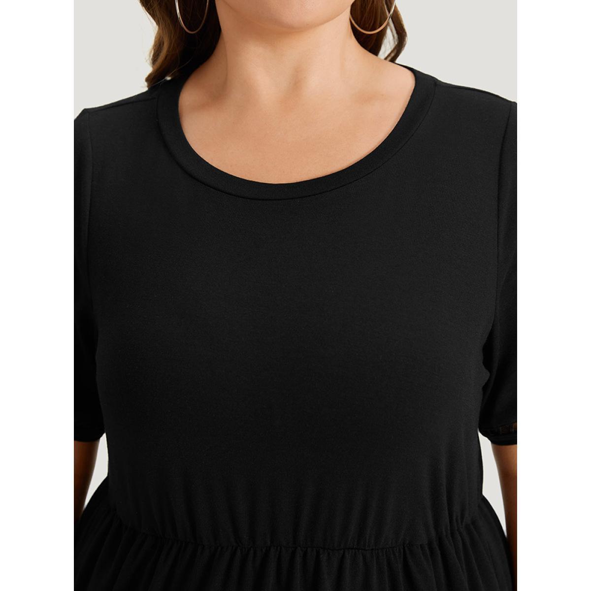 Plus Size Plain Crew Neck Pocket Hollow Out Ruffle Hem Dress Black Women Casual Patchwork Round Neck Short sleeve Curvy Midi Dress BloomChic 22-24/3X Product Image