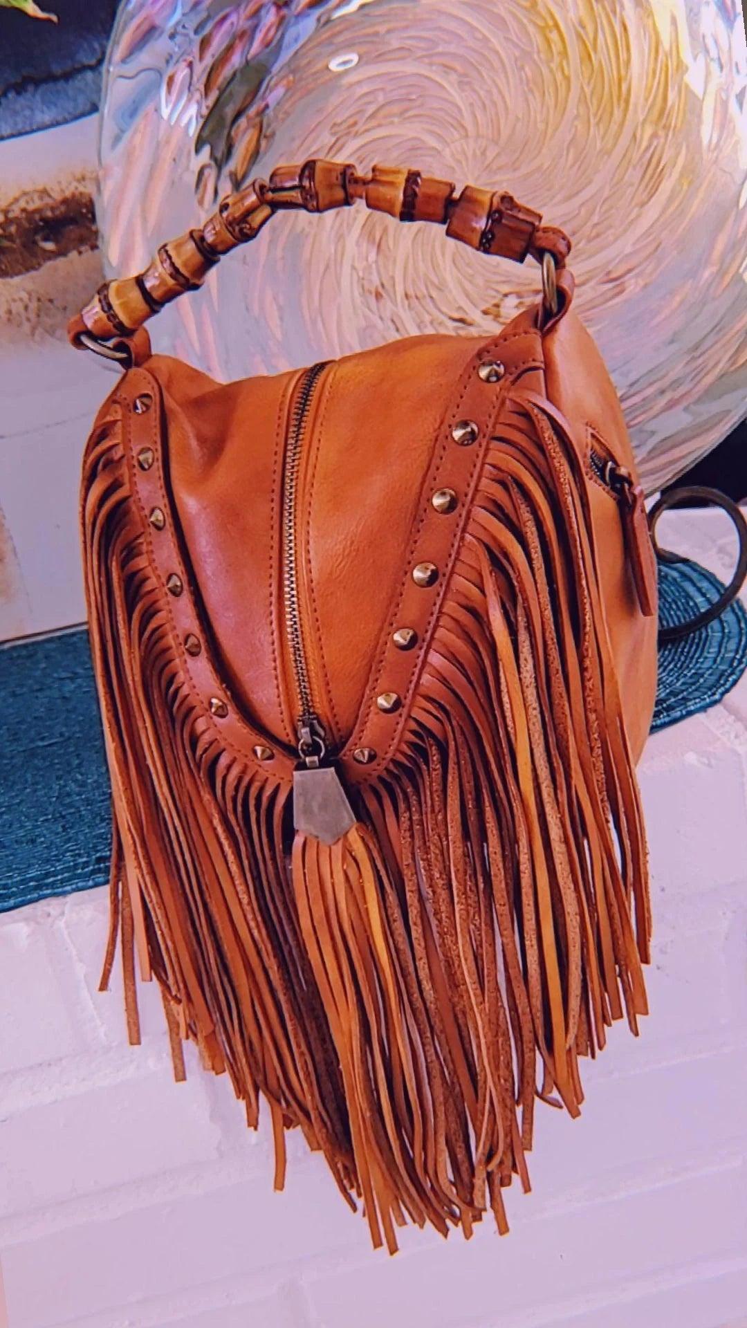 Western Me Bamboo Handle Fringed Leather Crossbody Handbag Product Image