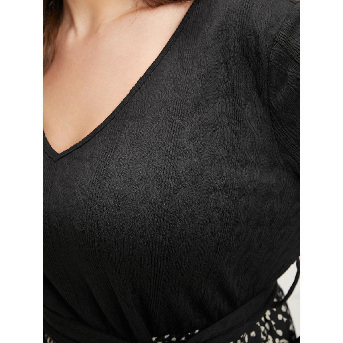 Plus Size Leopard Patchwork V Neck Pocket Belted Textured Dress Black Women Elegant Patchwork V-neck Long Sleeve Curvy Midi Dress BloomChic 14-16/1X Product Image