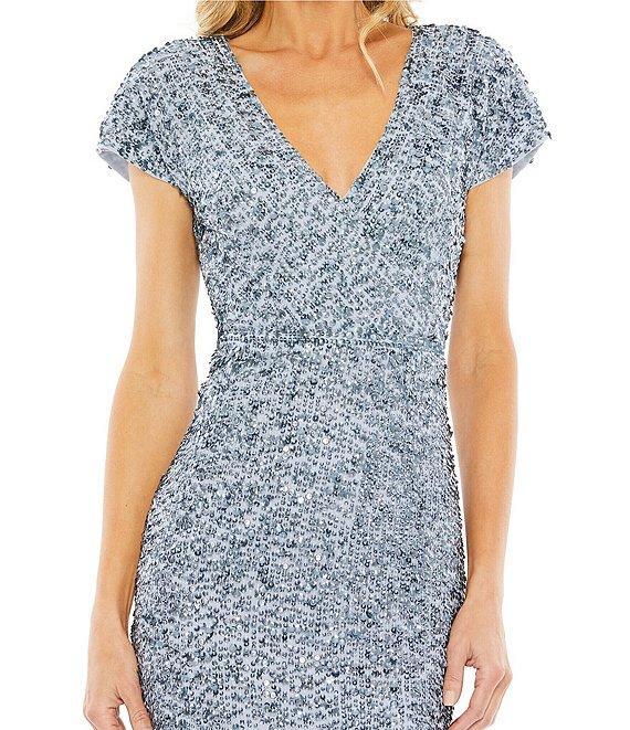 Mac Duggal Sequin Beaded Bodice V-Neck Short Sleeve Midi Dress Product Image