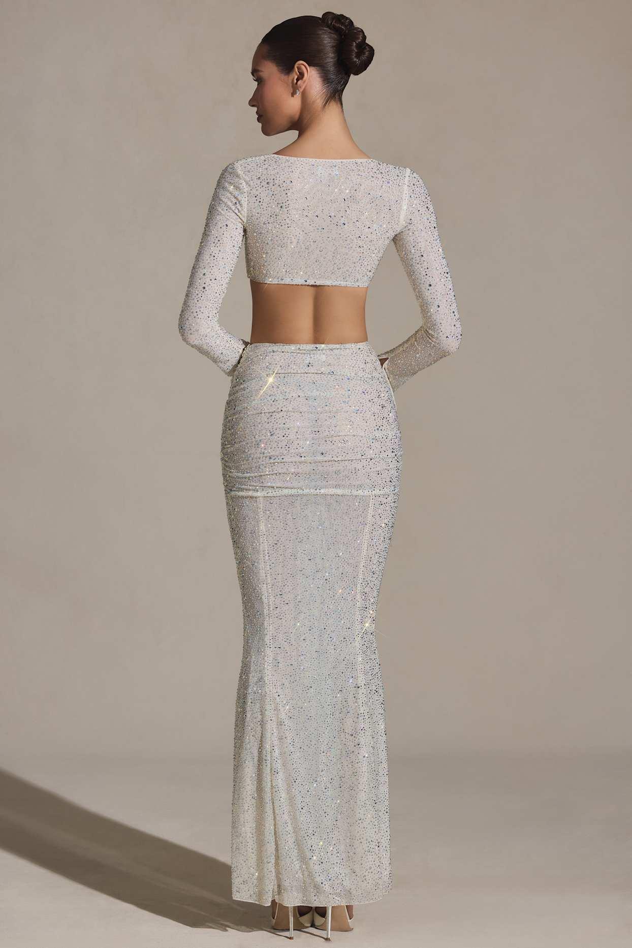 Embellished Ruched Maxi Skirt in White Product Image