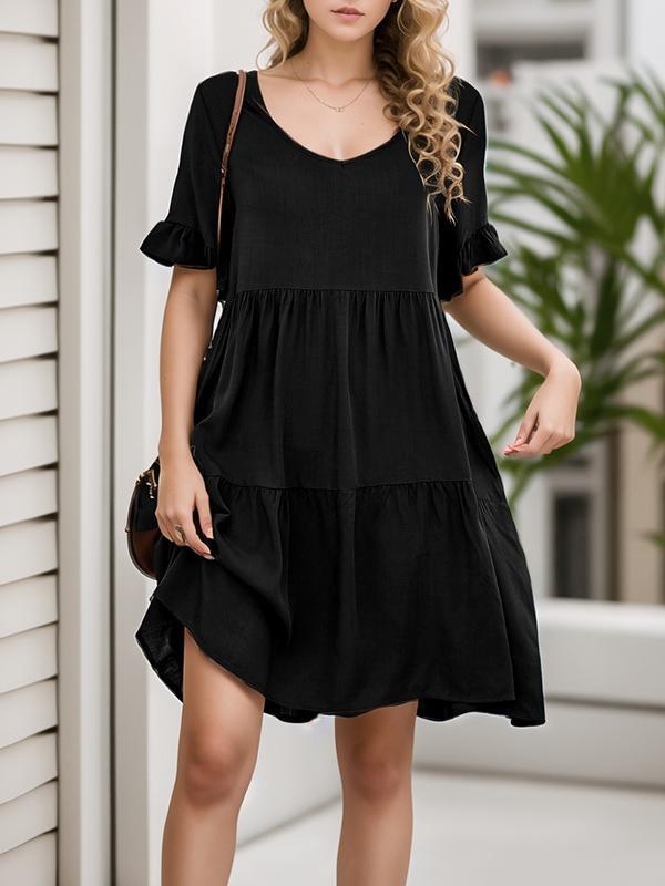 A-Line Flared Sleeves Pleated Pockets Ruffled Solid Color Split-Joint Round-Neck Mini Dresses Product Image