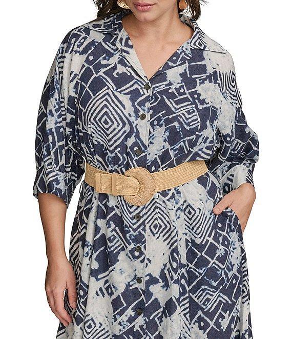 Donna Karan Plus Size Abstract Print Button Front Shirt Dress Product Image