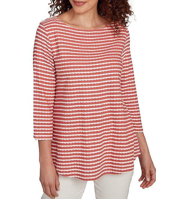 Ruby Rd. Petite Size Textured Knit Stripe Print Square Neck 3/4 Sleeve Top Product Image