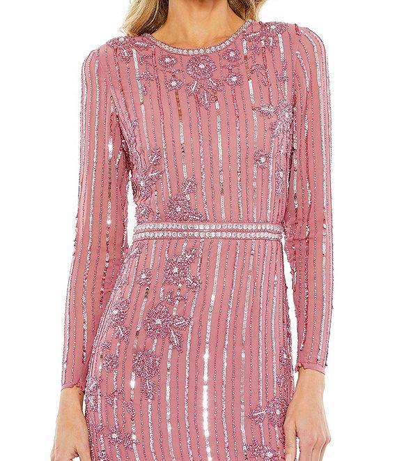 Mac Duggal Long Sleeve Beaded Sequin Flounce Asymmetrical Hem Dress Product Image