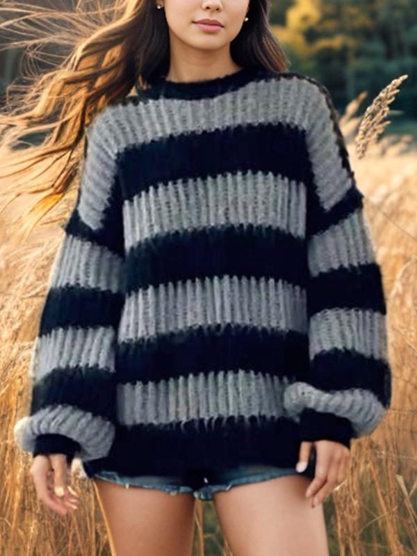 Contrast Color Striped Crew Neck Lantern Sleeve Sweater Product Image