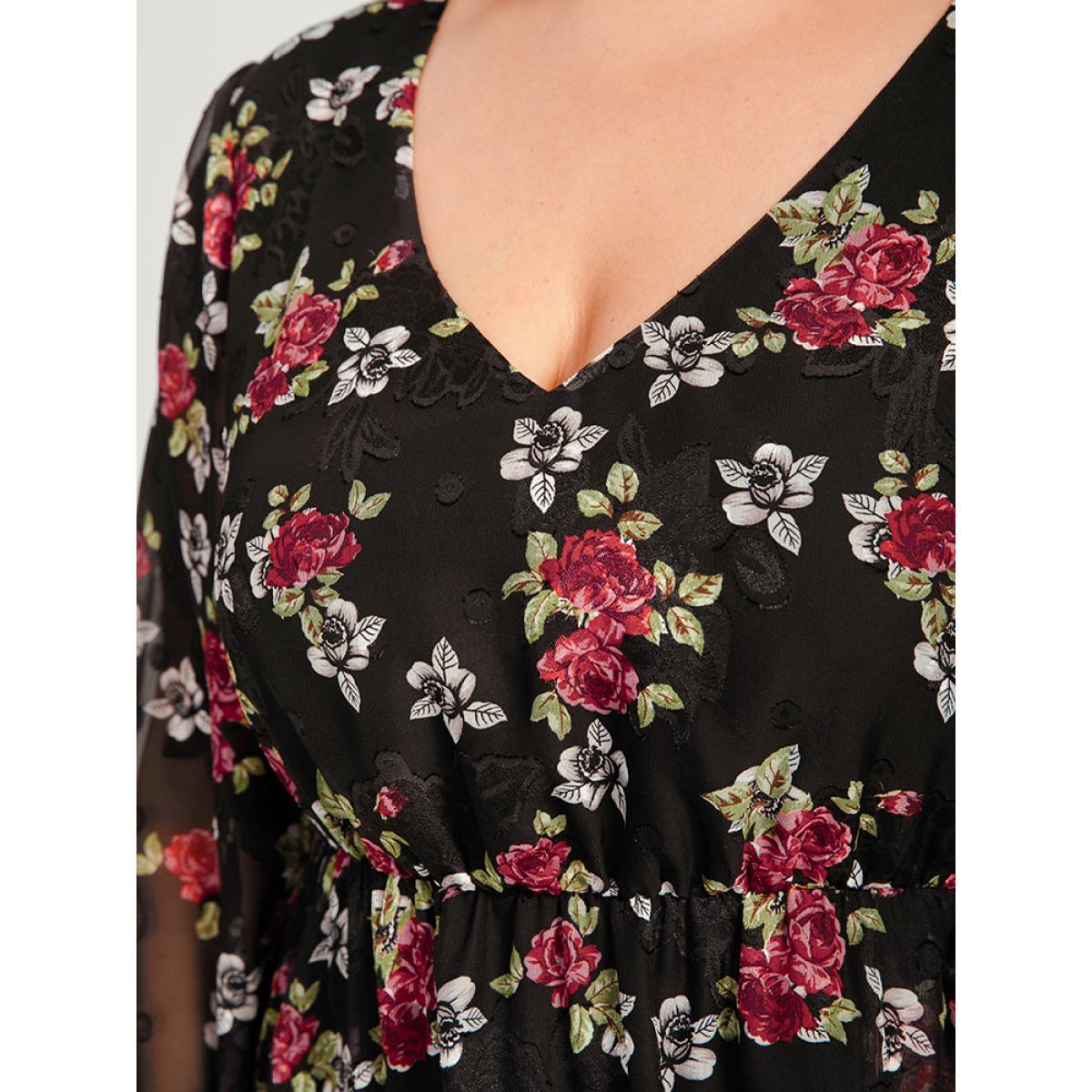 Plus Size Floral Mesh Lantern Sleeve Pocket Flutter Dress Black Women Dating V-neck Long Sleeve Curvy Midi Dress BloomChic 18-20/2X Product Image