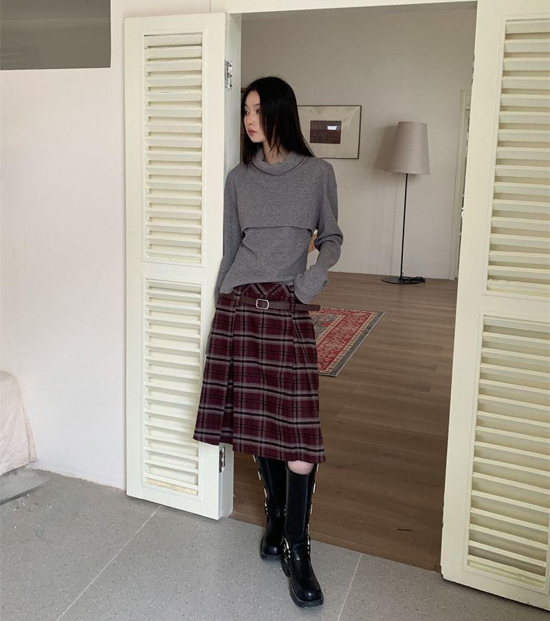 Low Rise Plaid A-Line Skirt / Long-Sleeve Turtleneck Plain Crop Knit Top / Tank Top / Scarf / Set Product Image