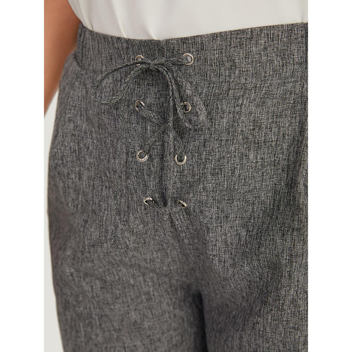 Plus Size Plain Lace Up Pleated Straight Leg Pants Women Gray Office Straight Leg High Rise Work Pants BloomChic 14-16/1X Product Image